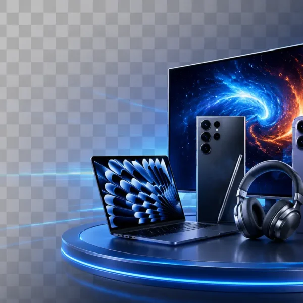 Collage premium de smartphones, laptop, Smart TV et accessoires gaming sur fond technologique bleu