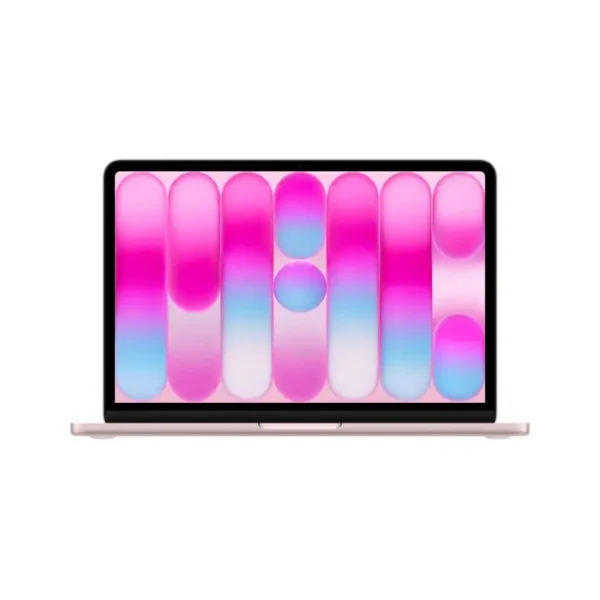 Open laptop with a bright pink and blue abstract wallpaper on the screen and a rose-gold body