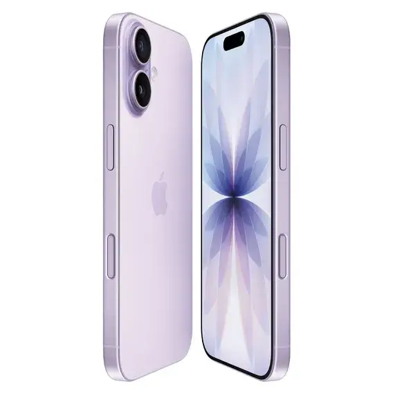 Purple iPhone shown from both the front and back, highlighting a dual-camera rear system and edge-to-edge display.