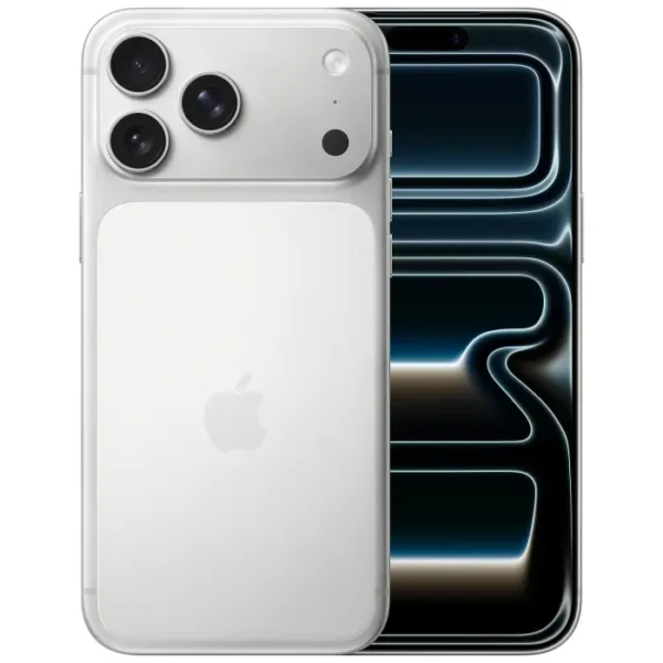 Back view of a white iPhone with a triple-camera module and Apple logo, shown with the screen slightly behind it.